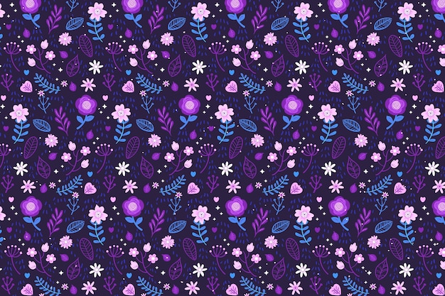 Textile fabric ditsy flowers background in violet tones