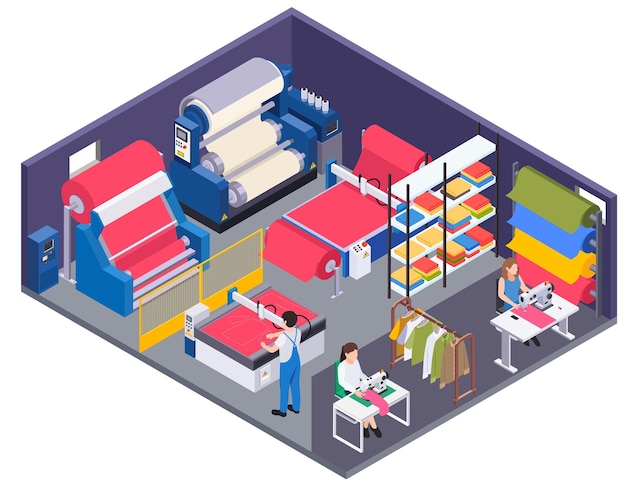 Free vector textile industry isometric composition with isolated view of factory unit with colorful fabric rolls and tailors vector illustration