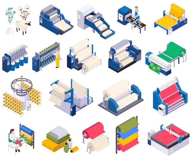 Free vector textile industry isometric set of isolated icons with machine units rolling frames fabric rolls and garments vector illustration