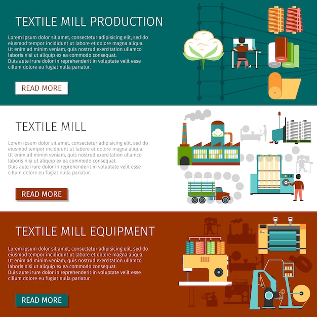 Textile Mill Flat Horizontal Banners Set