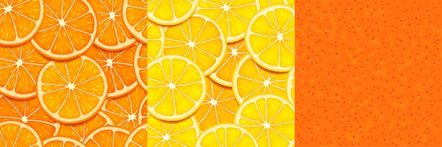 Free Vector textures of orange lemon slices and peel seamless patterns with citrus fruit pieces and skin vector bright backgrounds of cut tropical fruit and orange rind for game design