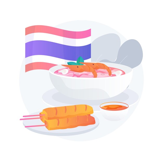 Thai cuisine abstract concept   illustration. Thai traditional food, oriental cuisine restaurant menu, thailand spicy taste, asian recipe, takeout meal, gourmet market  