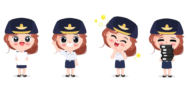 Thai female air force uniform cartoon gesture pose character collection pose set vector design