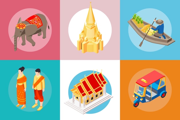 Free Vector thai travel set with isolated round compositions of isometric traditional people animals vehicles temple and elephant vector illustration