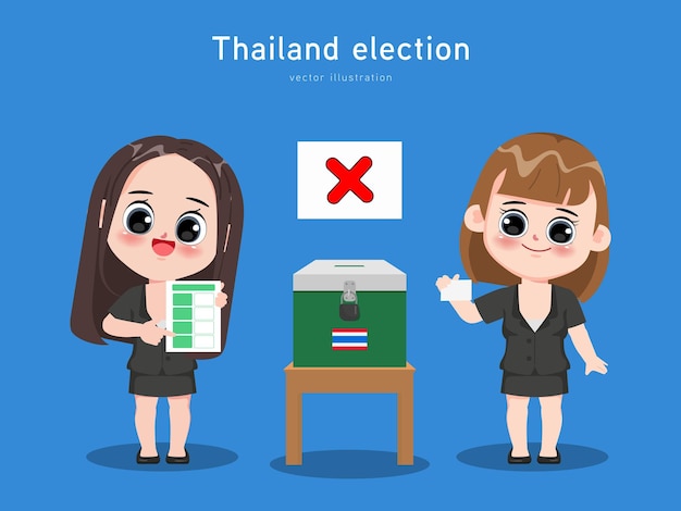 Thailand Election. People character demonstration for voting ballot paper. How to tick the cross.