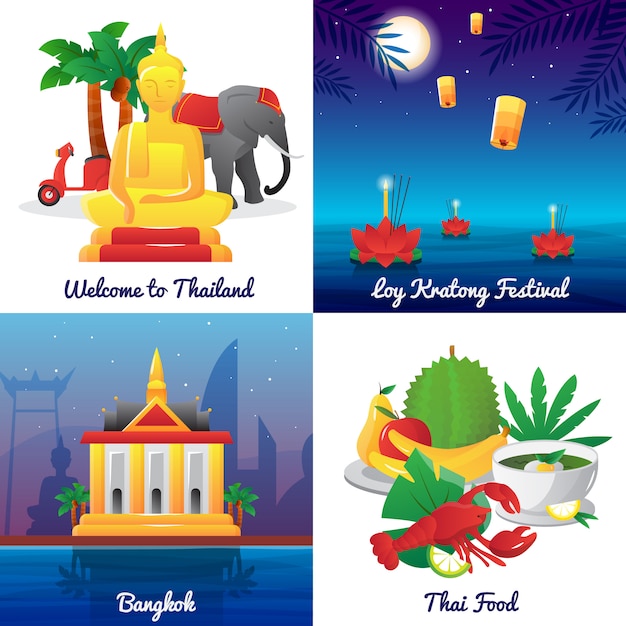 Free Vector thailand landmarks food and national symbols and festival icons square poster 