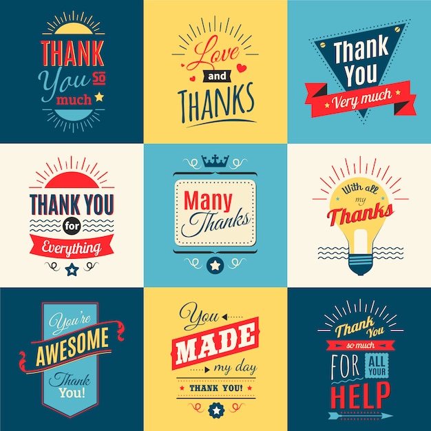 Thank you lettering set with love and gratitude in retro style isolated vector illustration  