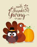 Free vector thanks giving card with turkey and owl