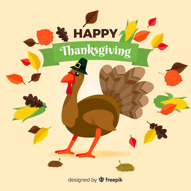 Thanksgiving day background in flat design with turkey