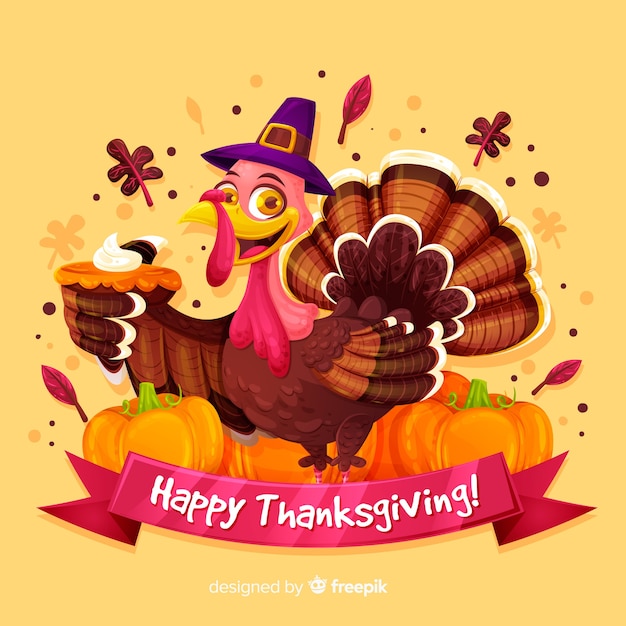 Free vector thanksgiving day background in flat design with turkey