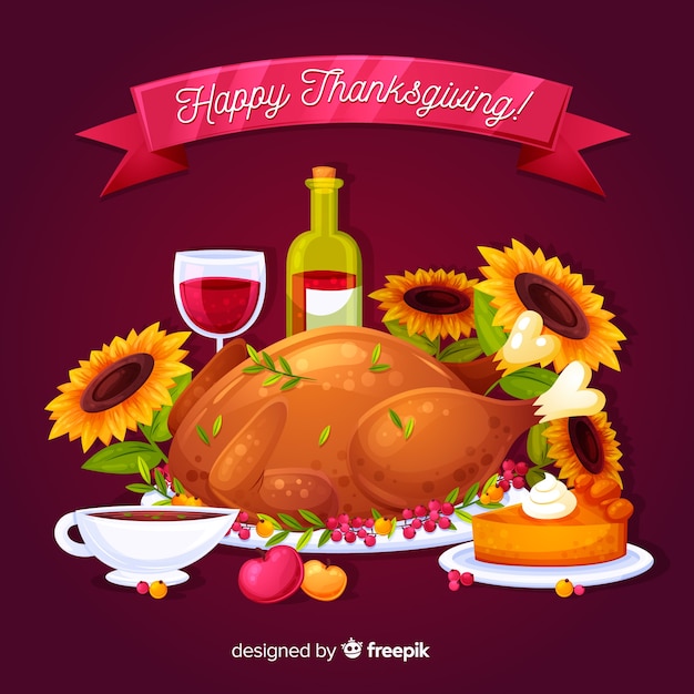 Thanksgiving day background in flat design with turkey