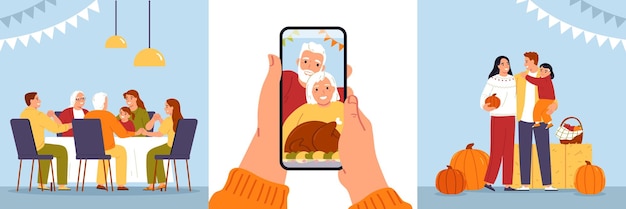 Free Vector thanksgiving day flat set with family sitting together at table and taking selfie isolated vector illustration