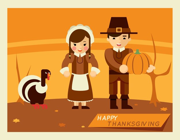 Thanksgiving retro illustration. Cartoon characters in the middle of autumn landscape