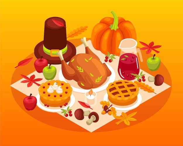 Free Vector thanksgiving table isometric composition with traditional american food turkey pie pumpkin cranberries vector illustration