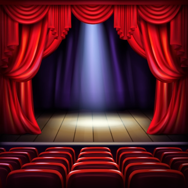 Free Vector theater or concert hall stage with opened red curtains, spotlight beam spot in center 