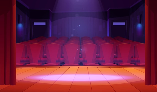 Free vector theater stage red curtains and auditorium