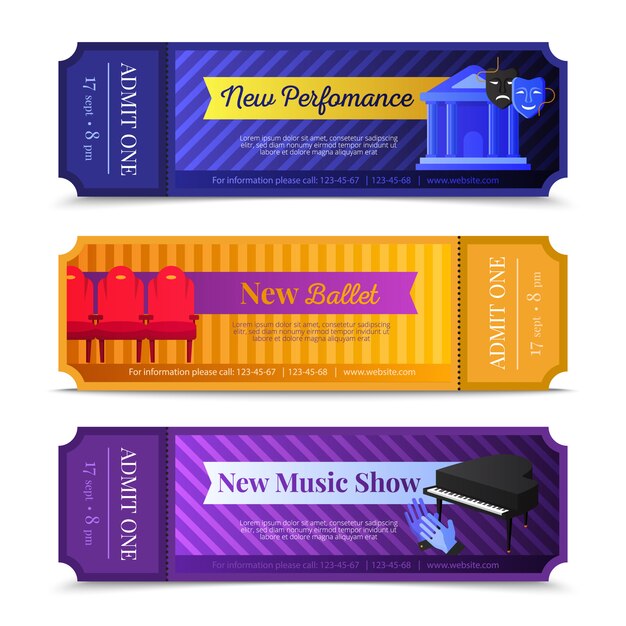 Theatre ticket horizontal banners set with ballet and music show symbols