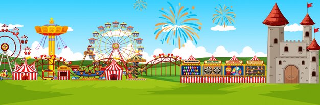 Theme amusement park landscape scene panorama view cartoon style