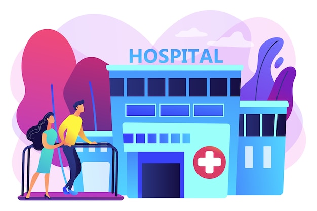 Therapist working with patient at rehabilitation center. Rehabilitation center, rehabilitation hospital, stabilization of medical conditions concept. Bright vibrant violet  isolated illustration