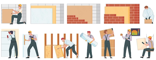 Free Vector thermal insulation flat set of isolated human characters of workers with wall panels bricks and wallpaper vector illustration