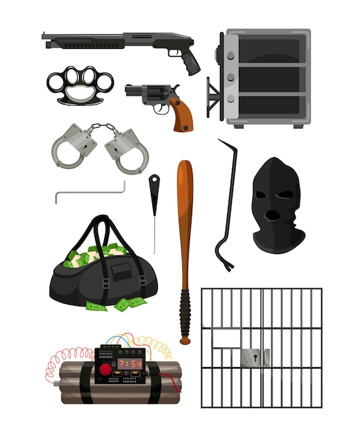 Thief or burglar tools set Criminal bundle of Bank safe weapons handcuffs brass knuckles bag of money mask of thief explosives prison bars isolated on white background