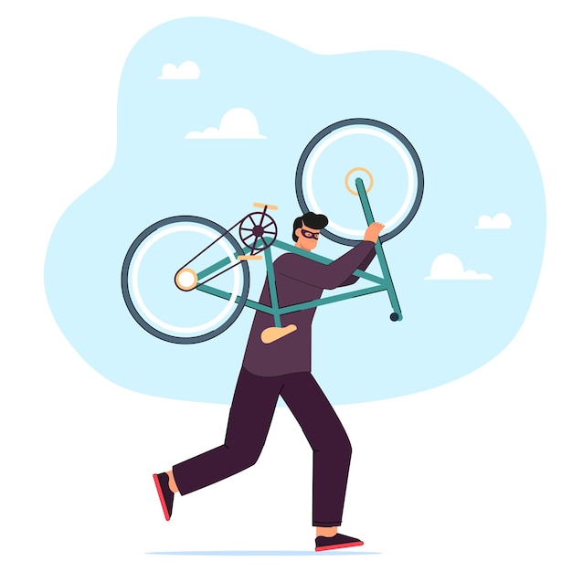 Free vector thief running, man carrying stolen bicycle. male criminal in mask and hoodie stealing bike from parking with lock flat vector illustration. theft, surveillance in park, crime and robbery concept