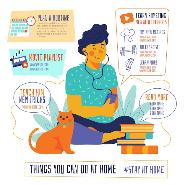 Things you can do at home cat and man infographic