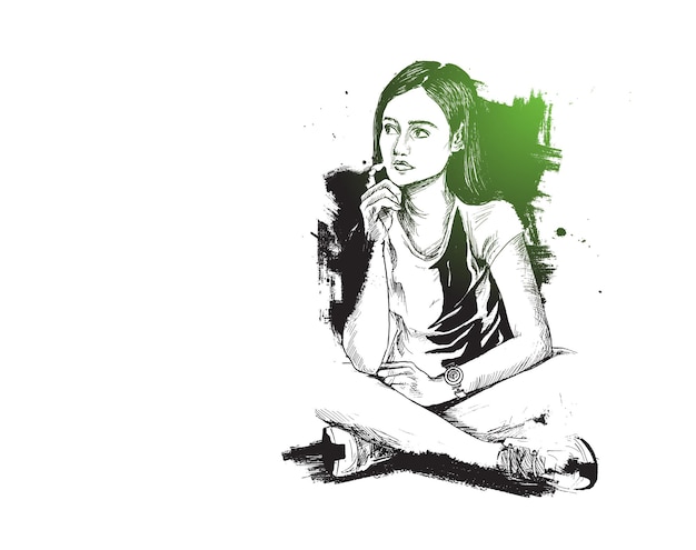 Free Vector thinking serious young woman tshirt design hand drawn sketch vector illustration