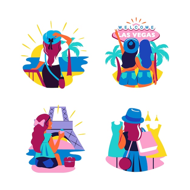 Free vector this is traveling in different countries with girls. the set of tourism illustrations with happy women is good for stickers, logo designs, t-shirts, emblems, posters, etc