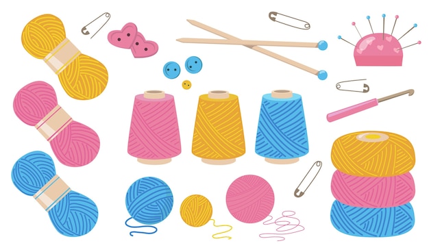 Free Vector threads for sewing flat illustration set. cartoon cotton or wool yarn bobbin for knitting isolated vector illustration collection. fabric ropes and handcrafting concept