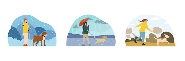 Free vector three bad weather people flat composition set the owner of the dog walks with him in all weathers vector illustration