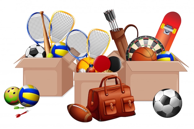 Free Vector three boxes full of sport equipments on white background