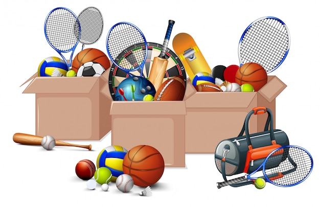 Free Vector three boxes full of sport equipments on white background