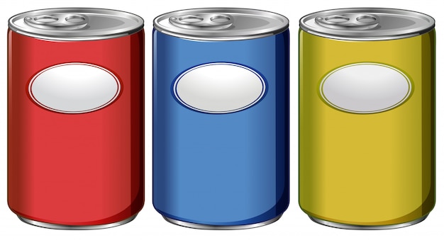 Three cans with different color labels