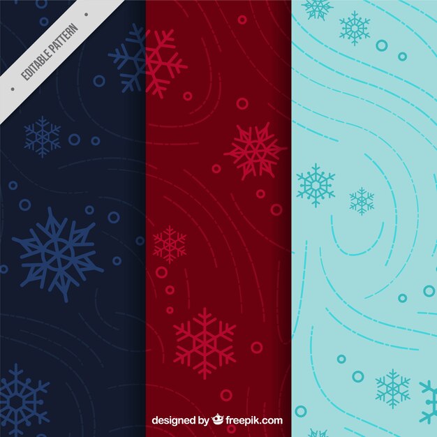 Three colored patterns with snowflakes