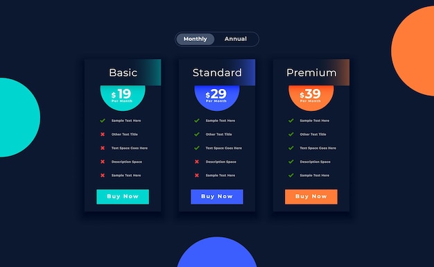 Free vector three column price menu template for web apps