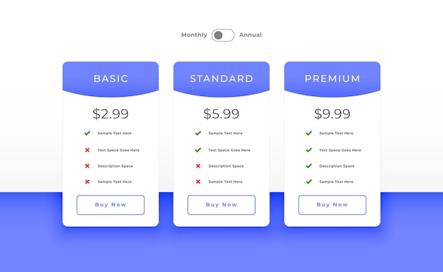 Free Vector three column pricing plan comparison concept layout