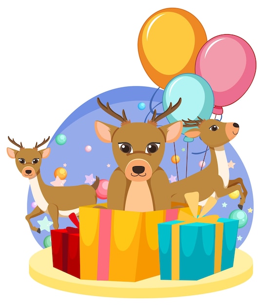 Free vector three deers with gift boxes and balloons