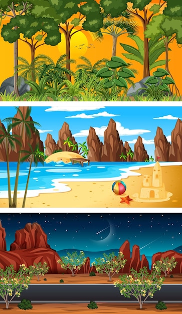 Free Vector three different forest horizontal scenes