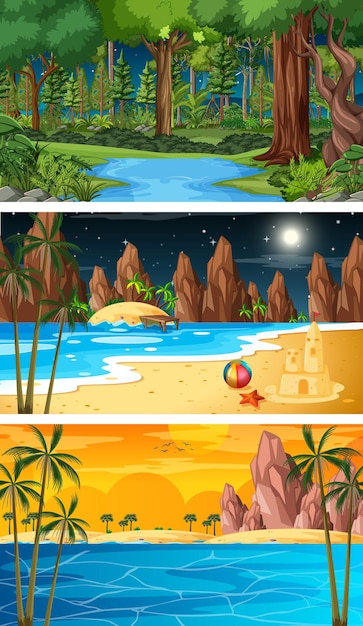 Free Vector three different nature horizontal scenes