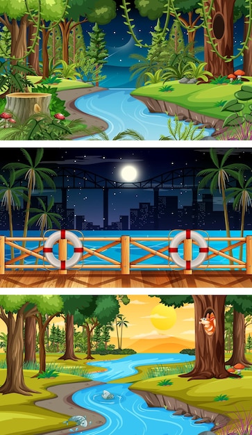 Free Vector three different nature horizontal scenes