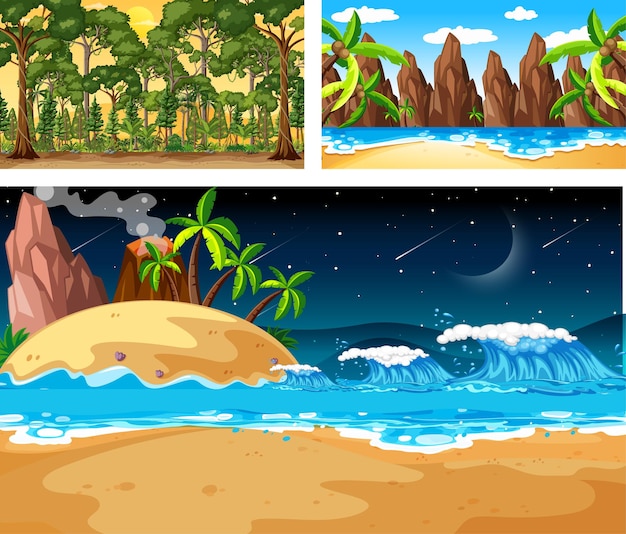 Free Vector three different nature landscape scenes