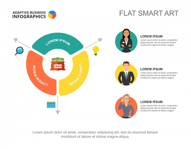 Three financial elements process chart template for presentation. Business data. 