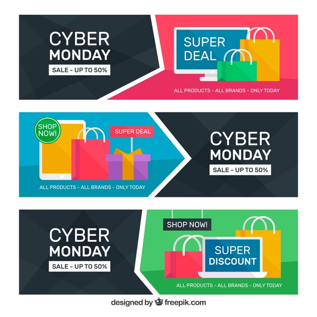 Three flat cyber monday banners