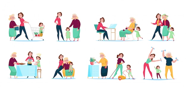 Three generations women family daily routine 8 flat compositions horizontal sets with shopping cleaning cooking  illustration