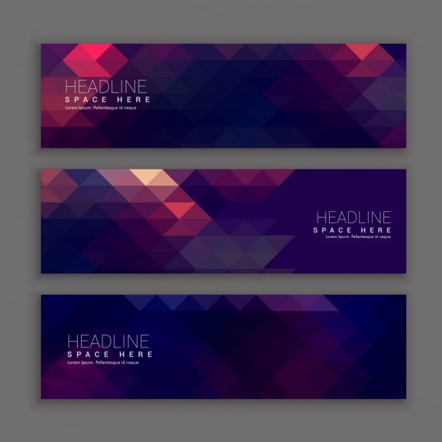 Free vector three geometric banners with triangles and hexagons