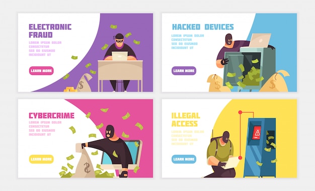 Three hacker horizontal banner set with electronic fraud hacked device cybercrime and illegal access headlines vector illustration