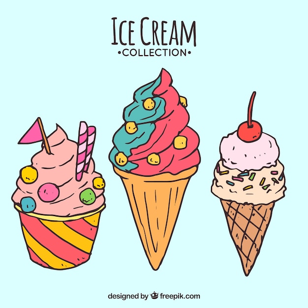 Three hand-drawn tasty ice creams