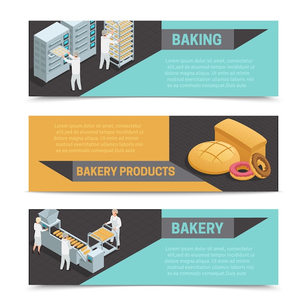 Free Vector three horizontal colored bakery factory isometric banner set