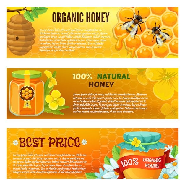 Free vector three horizontal honey banner set with descriptions of organic honey natural honey vector illustration